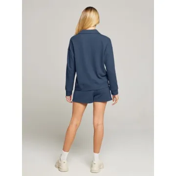 MEROKEETY Women's 2 Piece Waffle Knit Lounge Sets Long Sleeve Shorts Jogger Outfits Pjs Navy