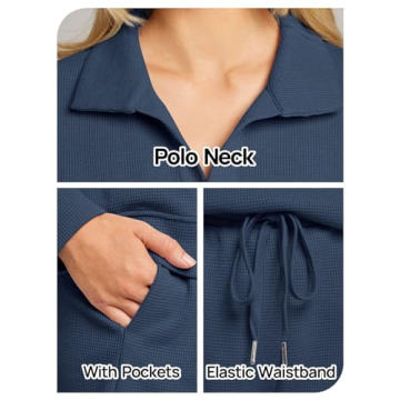 MEROKEETY Women's 2 Piece Waffle Knit Lounge Sets Long Sleeve Shorts Jogger Outfits Pjs Navy