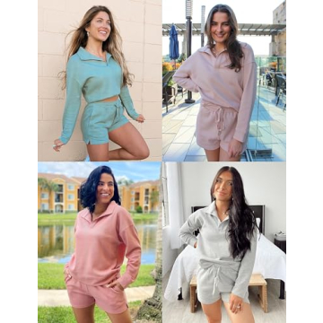 MEROKEETY Women's 2 Piece Waffle Knit Lounge Sets Long Sleeve Shorts Jogger Outfits Pjs Navy