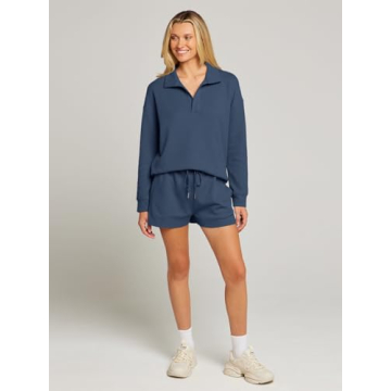 MEROKEETY Women's 2 Piece Waffle Knit Lounge Sets Long Sleeve Shorts Jogger Outfits Pjs Navy