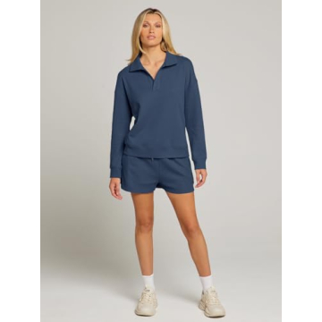 MEROKEETY Women's 2 Piece Waffle Knit Lounge Sets Long Sleeve Shorts Jogger Outfits Pjs Navy