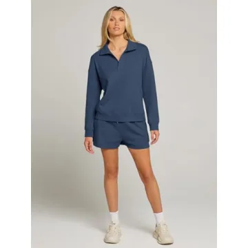 MEROKEETY Women's 2 Piece Waffle Knit Lounge Sets Long Sleeve Shorts Jogger Outfits Pjs Navy