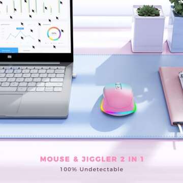 Wireless Mouse Jiggler - LED Wireless Mice with Build-in Mouse Jiggler Mover, Rechargeable Moving Mouse for Computer with Undetectable Random Movement Keeps Computer Awake - Gradient Pink