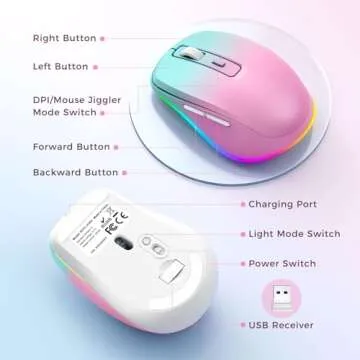 Wireless Mouse Jiggler - LED Wireless Mice with Build-in Mouse Jiggler Mover, Rechargeable Moving Mouse for Computer with Undetectable Random Movement Keeps Computer Awake - Gradient Pink