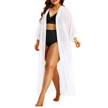 Pinup Fashion Plus Size Beach Cover-up White Kimono Cardigan Long Chiffon Tie Front Bathing Coverups...