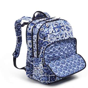 Vera Bradley Women's Cotton XL Campus Backpack, Island Tile Blue - Recycled Cotton, One Size