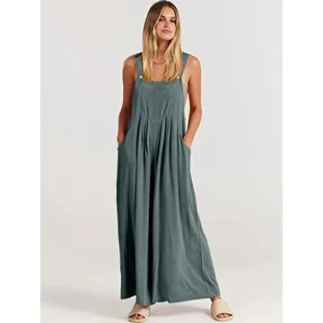 ANRABESS Womens Jumpsuits Overalls Wide Leg Casual Summer Outfits Linen Rompers Jumpers Sleeveless Straps 2025 Clothes Grey Blue Large