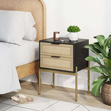 Nathan James Andrew Nightstand, Accent Bedside End Side Table with Storage Drawer, and Mid-Century Modern Legs for Living Room or Bedroom, 1, 14" D x 19" W x 24" H, Black/Cane/Gold