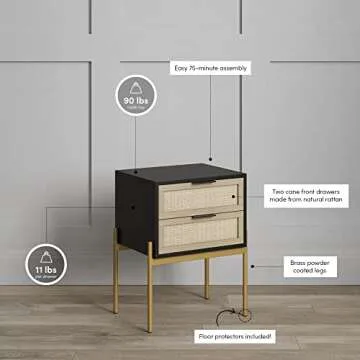 Nathan James Andrew Nightstand, Accent Bedside End Side Table with Storage Drawer, and Mid-Century Modern Legs for Living Room or Bedroom, 1, 14" D x 19" W x 24" H, Black/Cane/Gold