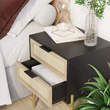 Nathan James Andrew Nightstand, Accent Bedside End Side Table with Storage Drawer, and Mid-Century Modern Legs for Living Room or Bedroom, 1, 14" D x 19" W x 24" H, Black/Cane/Gold