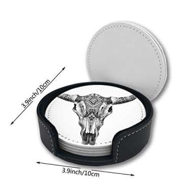 Coasters for Coffee Table Drinks, Bull Aztec Longhorn Skull Cow Western American Animals Leather Coa...