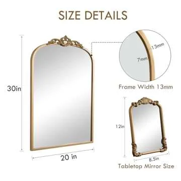 1 Set Vintage Mirror 20x30 Gold Antique Mirror Baroque Arched Ornate Traditional Brass Mirror and 8.5x12 Vintage Vanity Makeup Desk Table Mirror for Bathroom Entryway Living Room Hallway Fireplace