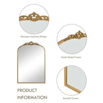 1 Set Vintage Mirror 20x30 Gold Antique Mirror Baroque Arched Ornate Traditional Brass Mirror and 8.5x12 Vintage Vanity Makeup Desk Table Mirror for Bathroom Entryway Living Room Hallway Fireplace
