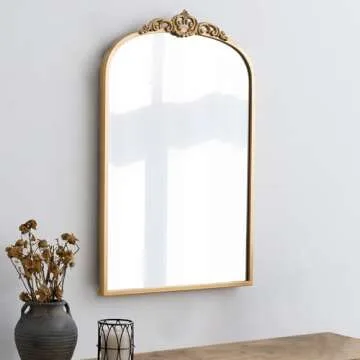 1 Set Vintage Mirror 20x30 Gold Antique Mirror Baroque Arched Ornate Traditional Brass Mirror and 8.5x12 Vintage Vanity Makeup Desk Table Mirror for Bathroom Entryway Living Room Hallway Fireplace