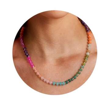 UNICHARMGL Beaded Necklace for Women, Boho Candy Gemstone Beads, Colorful Chunky Rainbow Stone Choke...