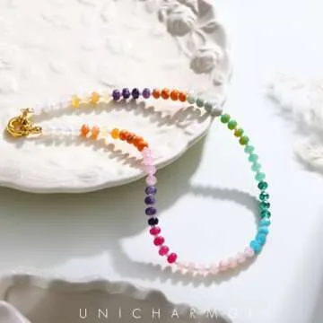 UNICHARMGL Beaded Necklace for Women, Boho Candy Gemstone Beads, Colorful Chunky Rainbow Stone Choker, Handmade Beach Jewelry, Trendy Cute Gifts