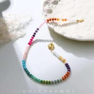 UNICHARMGL Beaded Necklace for Women, Boho Candy Gemstone Beads, Colorful Chunky Rainbow Stone Choker, Handmade Beach Jewelry, Trendy Cute Gifts