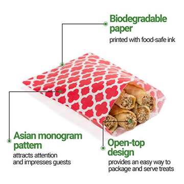 Restaurantware-7 x 5 Inch Cookie Bags, 100 Paper Treat Bags - Use As Party Favors Or Candy Bags, Red With Asian Monogram Paper Food Bags For Baked Goods, For Buffets Or Parties