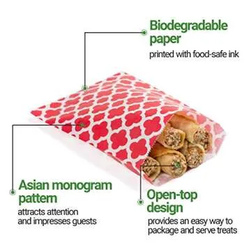 Restaurantware-7 x 5 Inch Cookie Bags, 100 Paper Treat Bags - Use As Party Favors Or Candy Bags, Red With Asian Monogram Paper Food Bags For Baked Goods, For Buffets Or Parties