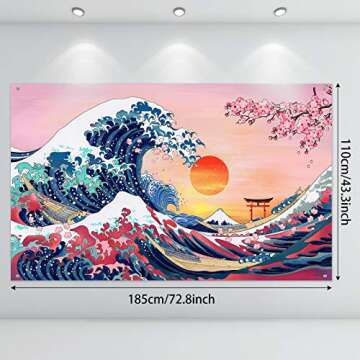 Ocean Wave Tapestry Japanese Kanagawa Backdrop Great Wave Tapestry Cherry Blossom Nature Sunset Back...