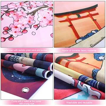 Ocean Wave Tapestry Japanese Kanagawa Backdrop Great Wave Tapestry Cherry Blossom Nature Sunset Background Wall Hanging Banner for Japanese Party Wall Home Decorations, 72.8 x 43.3 Inch