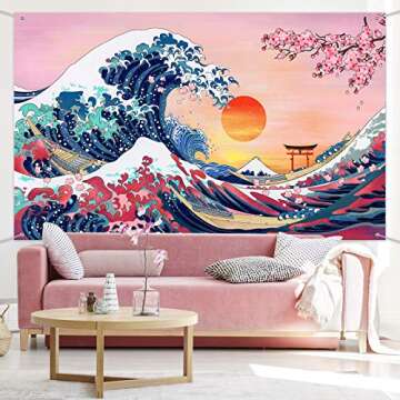 Ocean Wave Tapestry Japanese Kanagawa Backdrop Great Wave Tapestry Cherry Blossom Nature Sunset Background Wall Hanging Banner for Japanese Party Wall Home Decorations, 72.8 x 43.3 Inch