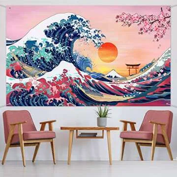 Ocean Wave Tapestry Japanese Kanagawa Backdrop Great Wave Tapestry Cherry Blossom Nature Sunset Background Wall Hanging Banner for Japanese Party Wall Home Decorations, 72.8 x 43.3 Inch