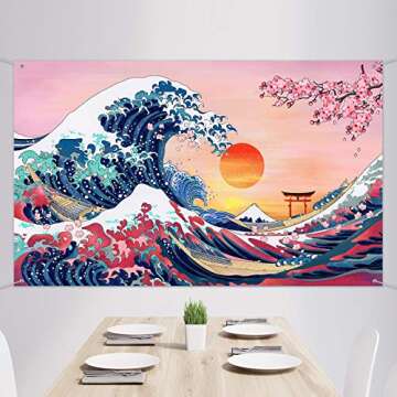 Ocean Wave Tapestry Japanese Kanagawa Backdrop Great Wave Tapestry Cherry Blossom Nature Sunset Background Wall Hanging Banner for Japanese Party Wall Home Decorations, 72.8 x 43.3 Inch