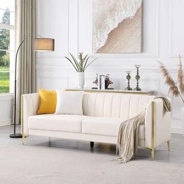FOTOSOK 78'' Sofa, Modern White Couches for Living Room with 2 Throw Pillows, Comfy Faux Leather Sofa 3 Seater Sofa with Gold Metal Legs, Cloud Sofa Couch Deep Seat Sofas (Cream White)