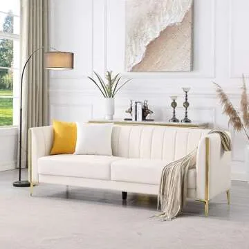 FOTOSOK 78'' Sofa, Modern White Couches for Living Room with 2 Throw Pillows, Comfy Faux Leather Sofa 3 Seater Sofa with Gold Metal Legs, Cloud Sofa Couch Deep Seat Sofas (Cream White)