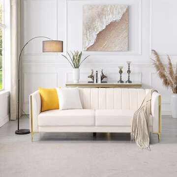 FOTOSOK 78'' Sofa, Modern White Couches for Living Room with 2 Throw Pillows, Comfy Faux Leather Sofa 3 Seater Sofa with Gold Metal Legs, Cloud Sofa Couch Deep Seat Sofas (Cream White)