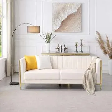 FOTOSOK 78'' Sofa, Modern White Couches for Living Room with 2 Throw Pillows, Comfy Faux Leather Sofa 3 Seater Sofa with Gold Metal Legs, Cloud Sofa Couch Deep Seat Sofas (Cream White)
