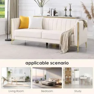 FOTOSOK 78'' Sofa, Modern White Couches for Living Room with 2 Throw Pillows, Comfy Faux Leather Sofa 3 Seater Sofa with Gold Metal Legs, Cloud Sofa Couch Deep Seat Sofas (Cream White)