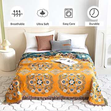 Boho Throw Blanket for Bed - 100% Cotton Ultra Soft Rustic Quilt - Floral Printed Farmhouse Decor Be...