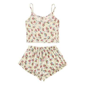 SheIn Women's Pajamas Sets Button Front Tank and Shorts Lounge Set Sleepwear Beige X-Large