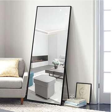 NeuType Full Length Mirror, Aluminum Alloy Thin Frame, 64"x21" Black, Wall Mirror Dressing Mirror, Hanging or Leaning Against Wall, Bedroom Mirror, Floor Mirror, Full Body Mirror, with Stand