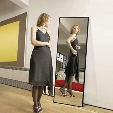 NeuType Full Length Mirror, Aluminum Alloy Thin Frame, 64"x21" Black, Wall Mirror Dressing Mirror, Hanging or Leaning Against Wall, Bedroom Mirror, Floor Mirror, Full Body Mirror, with Stand