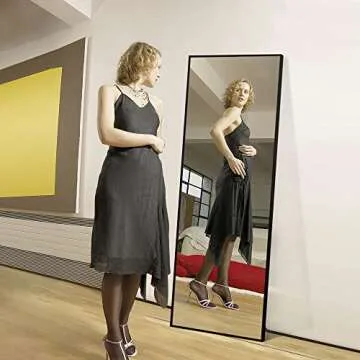 NeuType Full Length Mirror, Aluminum Alloy Thin Frame, 64"x21" Black, Wall Mirror Dressing Mirror, Hanging or Leaning Against Wall, Bedroom Mirror, Floor Mirror, Full Body Mirror, with Stand