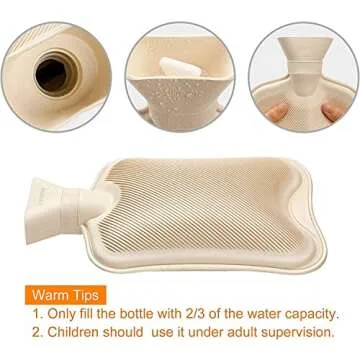 Large Hot Water Bottle with Cover, 2 Litre, Premium Natural Rubber Hot Water Bag, Soft Fleece Cover for Pain Relief, Back, Neck and Shoulders & Warm Cosy Nights (Beige)