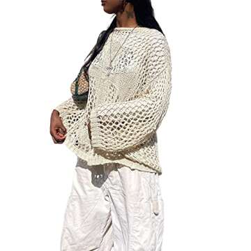 Women Y2K Hollow Out Top Long Sleeve Crochet Knit Crop Tops Sexy See Through Fishnet Top