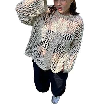 Women Y2K Hollow Out Top Long Sleeve Crochet Knit Crop Tops Sexy See Through Fishnet Top