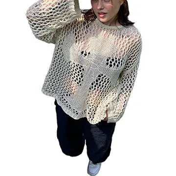 Women Y2K Hollow Out Top Long Sleeve Crochet Knit Crop Tops Sexy See Through Fishnet Top