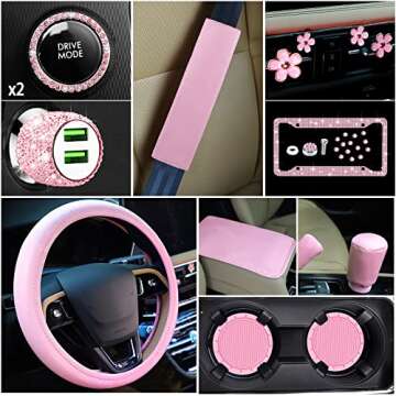 Complete 15 Pcs Pink Bling Car Accessories Set