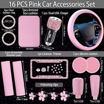 Complete 15 Pcs Pink Bling Car Accessories Set