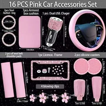 Complete 15 Pcs Pink Bling Car Accessories Set
