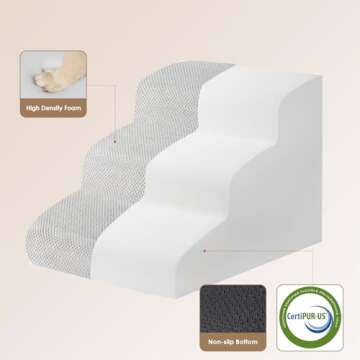 EHEYCIGA Curved Dog Stairs Ramp for Small Dogs 15.7" H, 3-Step Dog Steps for Couch Sofa and Chair, Pet Stairs for Cats, Non-Slip Balanced Pet Steps Indoor, Light Grey
