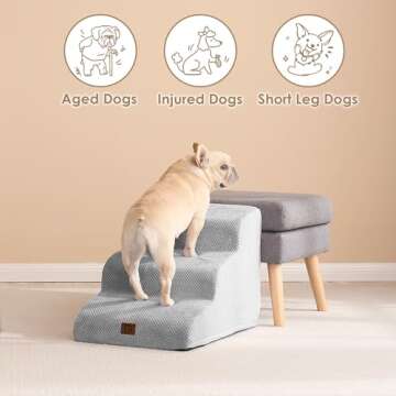 EHEYCIGA Curved Dog Stairs Ramp for Small Dogs 15.7" H, 3-Step Dog Steps for Couch Sofa and Chair, Pet Stairs for Cats, Non-Slip Balanced Pet Steps Indoor, Light Grey