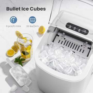 Countertop Portable Ice Maker Machine with Handle, 9 Bullet-Shaped Ice Cubes Ready in 6 Mins, 26Lbs/...
