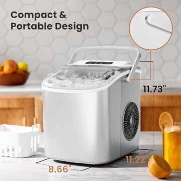 Countertop Portable Ice Maker Machine with Handle, 9 Bullet-Shaped Ice Cubes Ready in 6 Mins, 26Lbs/24H, Self-Cleaning Function with Ice Scoop and Basket for Home/Kitchen/Party (White)