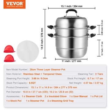 VEVOR 11in Stainless Steel 3 Tier Steamer Pot